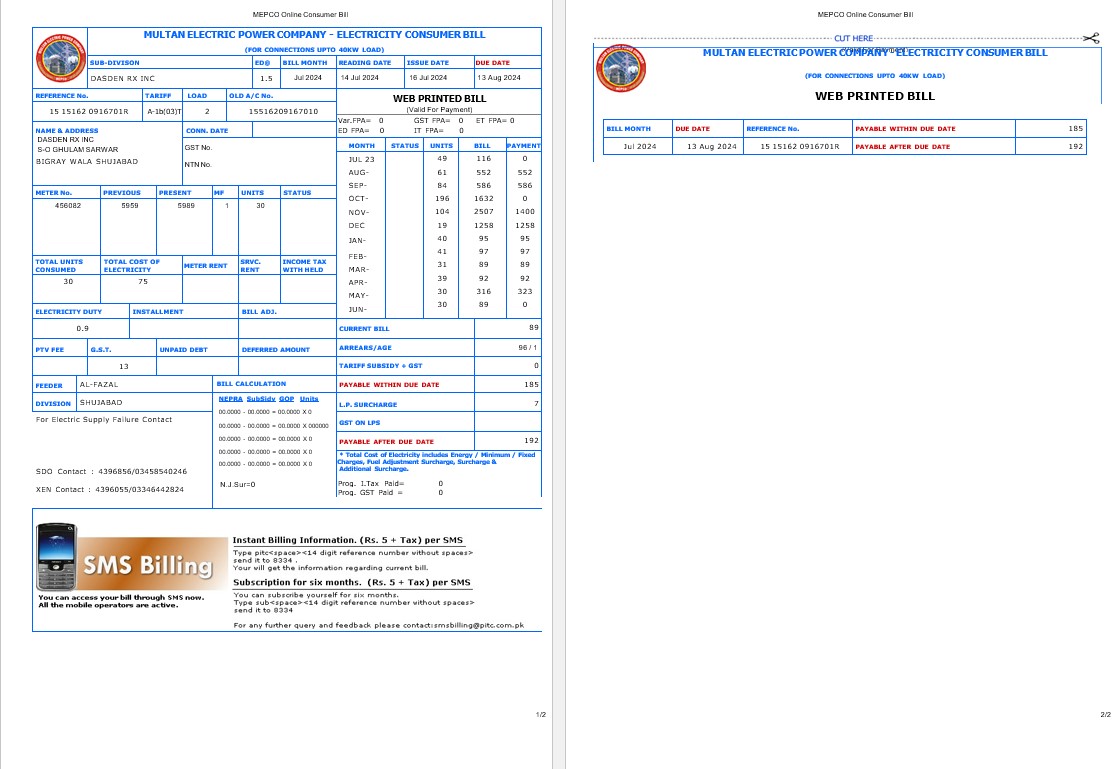 PAKISTAN MULTAN ELECTRIC POWER business utility bill Word and PDF template PSD template